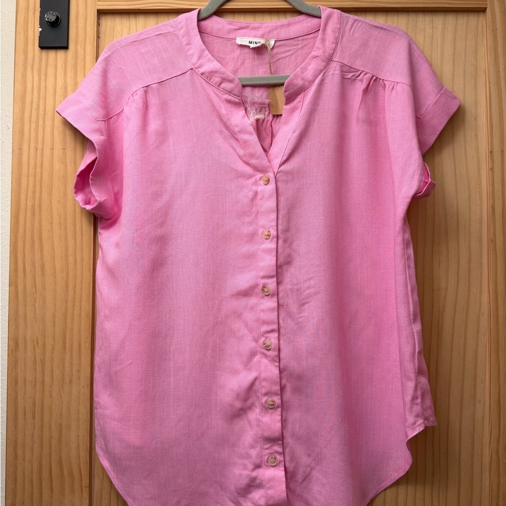 mine Pink Short-Sleeve Button Down Blouse